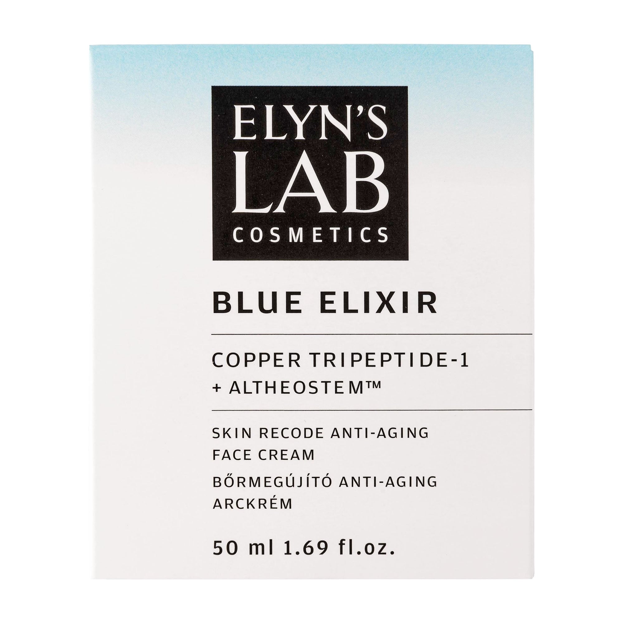 Elyn's Lab Cosmetics Blue Elixir face cream packaging on a white background