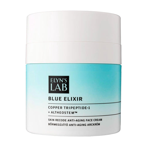 Elyn's Lab Blue Elixir skin recode anti-aging face cream jar on a white background