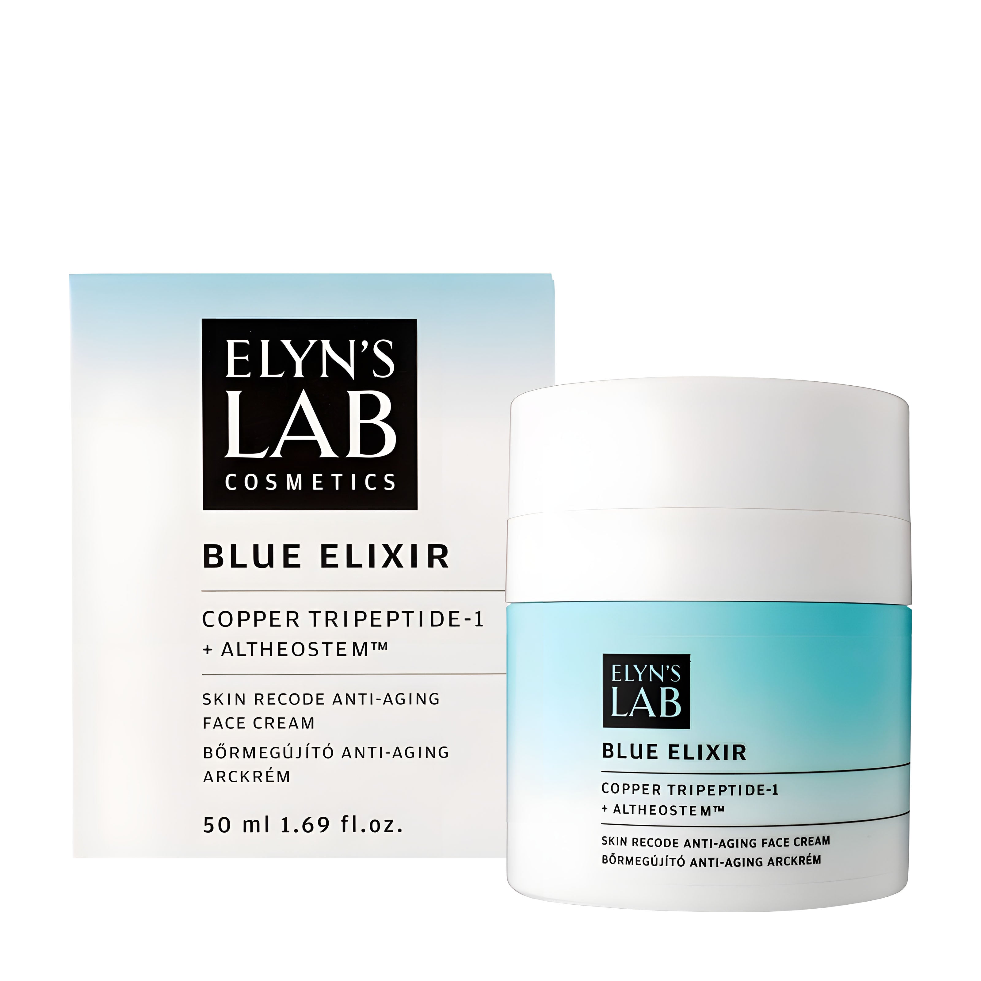 Elyn's Lab Blue Elixir Skin Recode Anti-Aging Face Cream skincare product with packaging on a white background