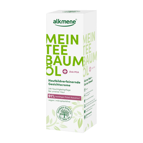 Alkmene tea tree oil refining face cream packaging on a white background