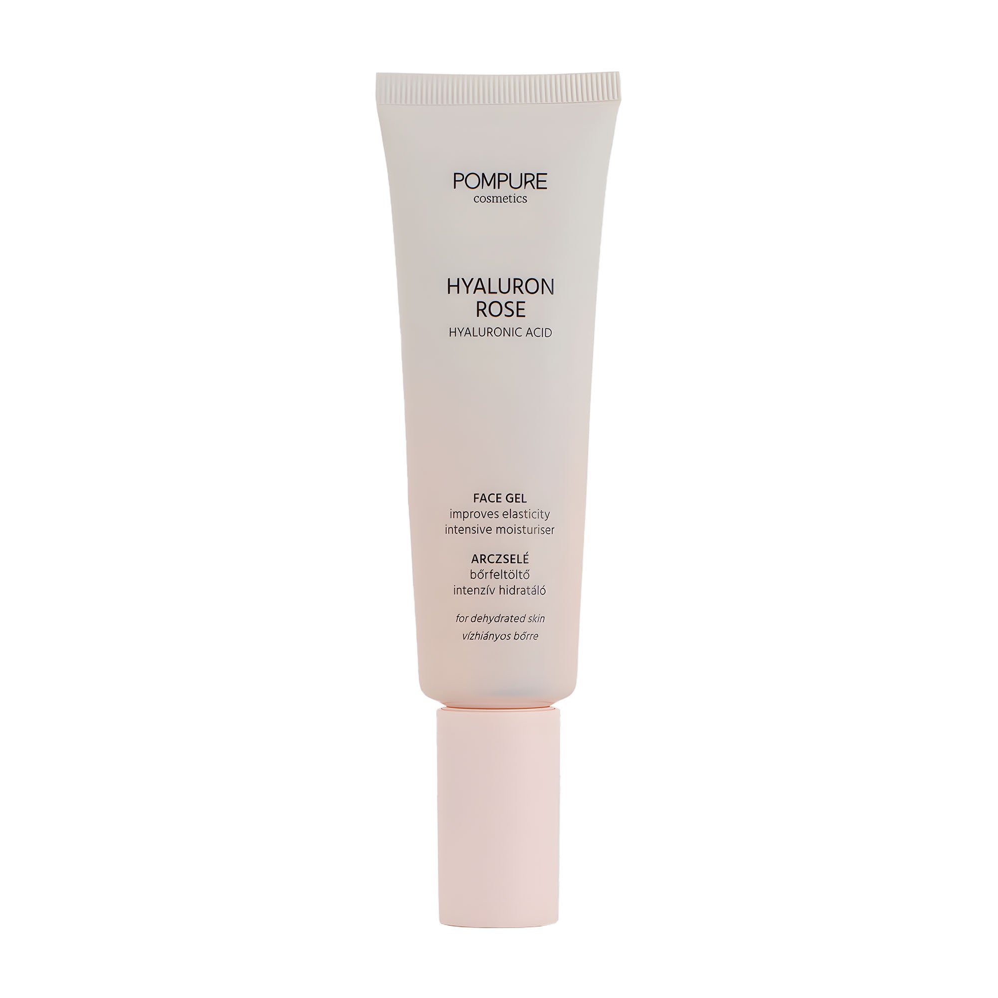 Tube of Pompure Hyaluron Rose Face Gel on a white background