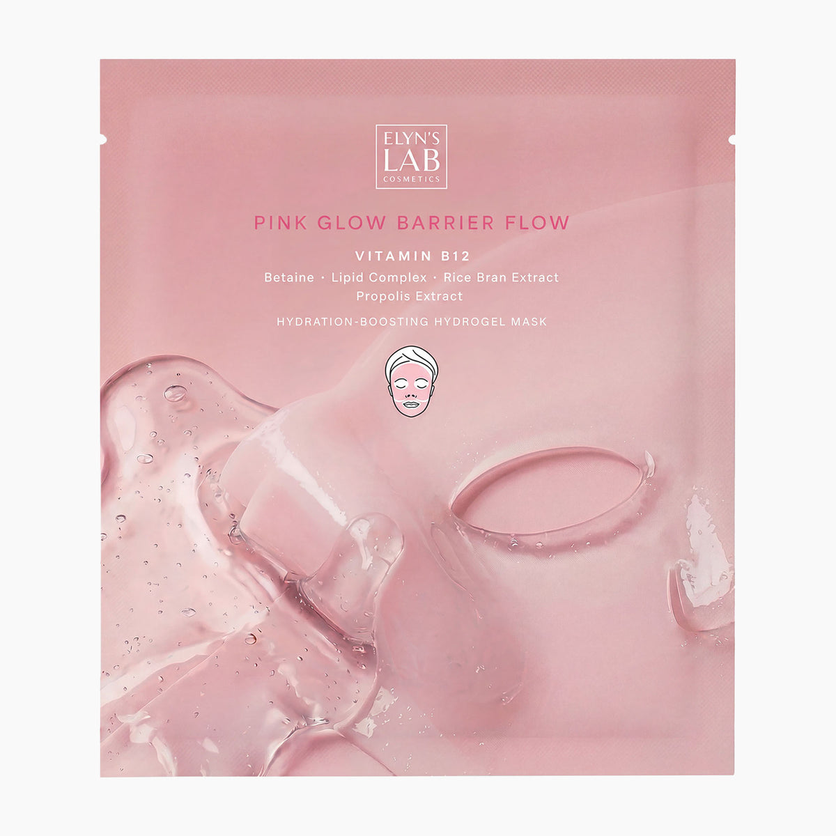A pink stand-up pouch of Elyn's Lab Pink Glow Barrier Flow Vitamin B12 hydrogel mask, featuring a translucent pink mask graphic on the front.