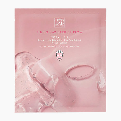 A pink stand-up pouch of Elyn's Lab Pink Glow Barrier Flow Vitamin B12 hydrogel mask, featuring a translucent pink mask graphic on the front.