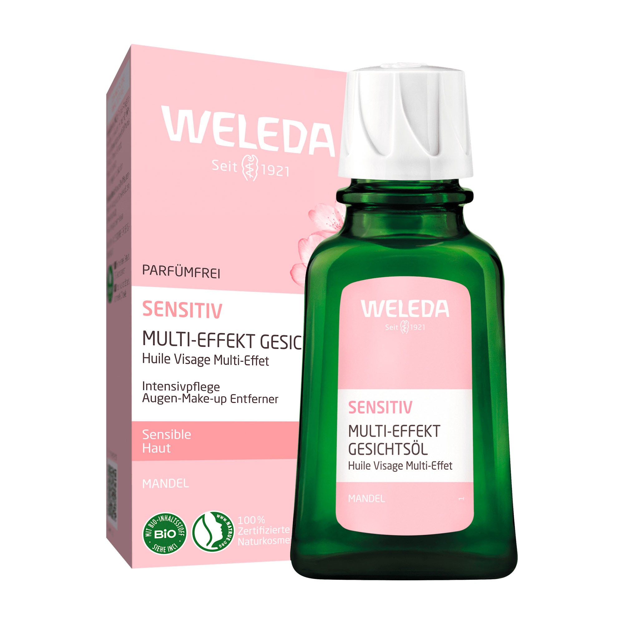 Weleda sensitive facial oil bottle and packaging on a white background