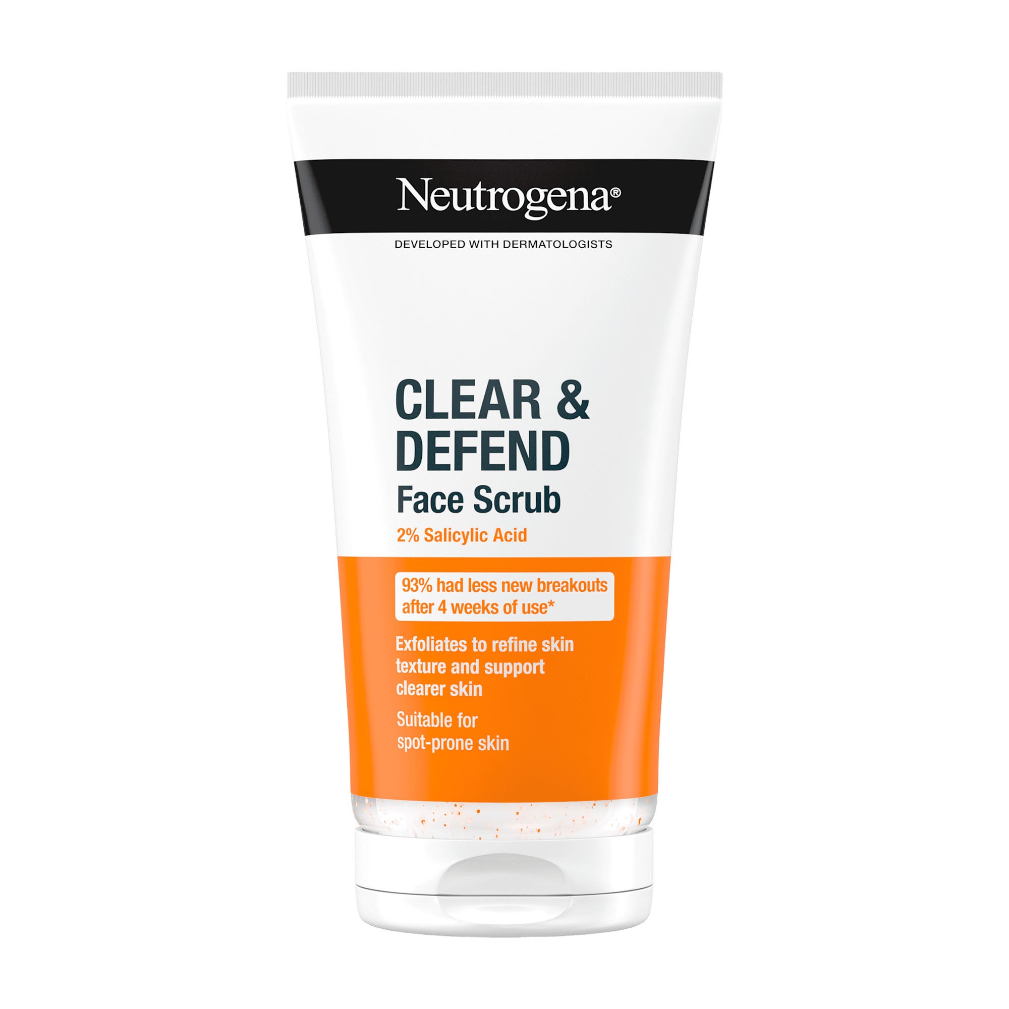 Neutrogena Clear & Defend Face Scrub tube with white and orange colors, featuring 2% salicylic acid.