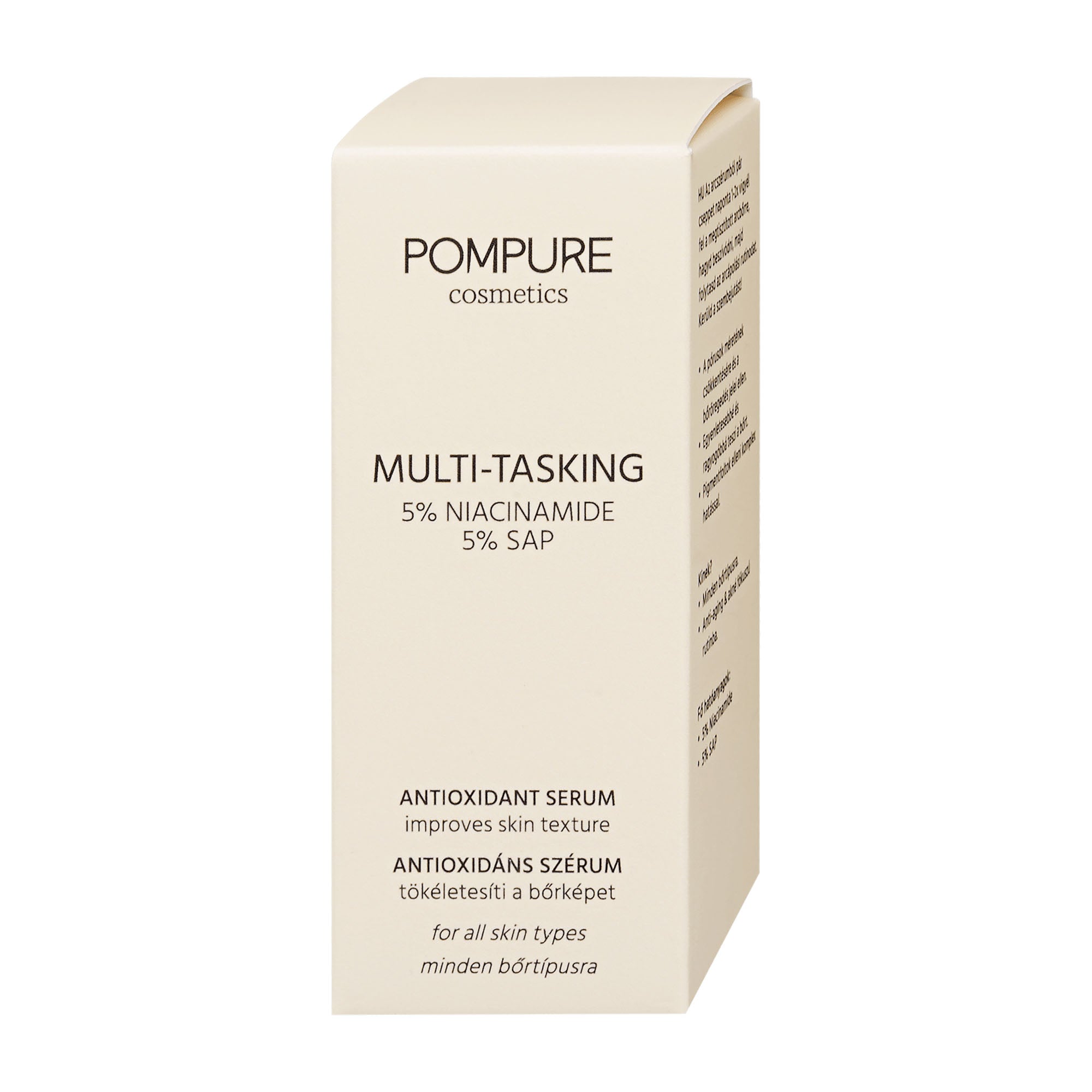 Pompure multi-tasking antioxidant serum packaging on a white background