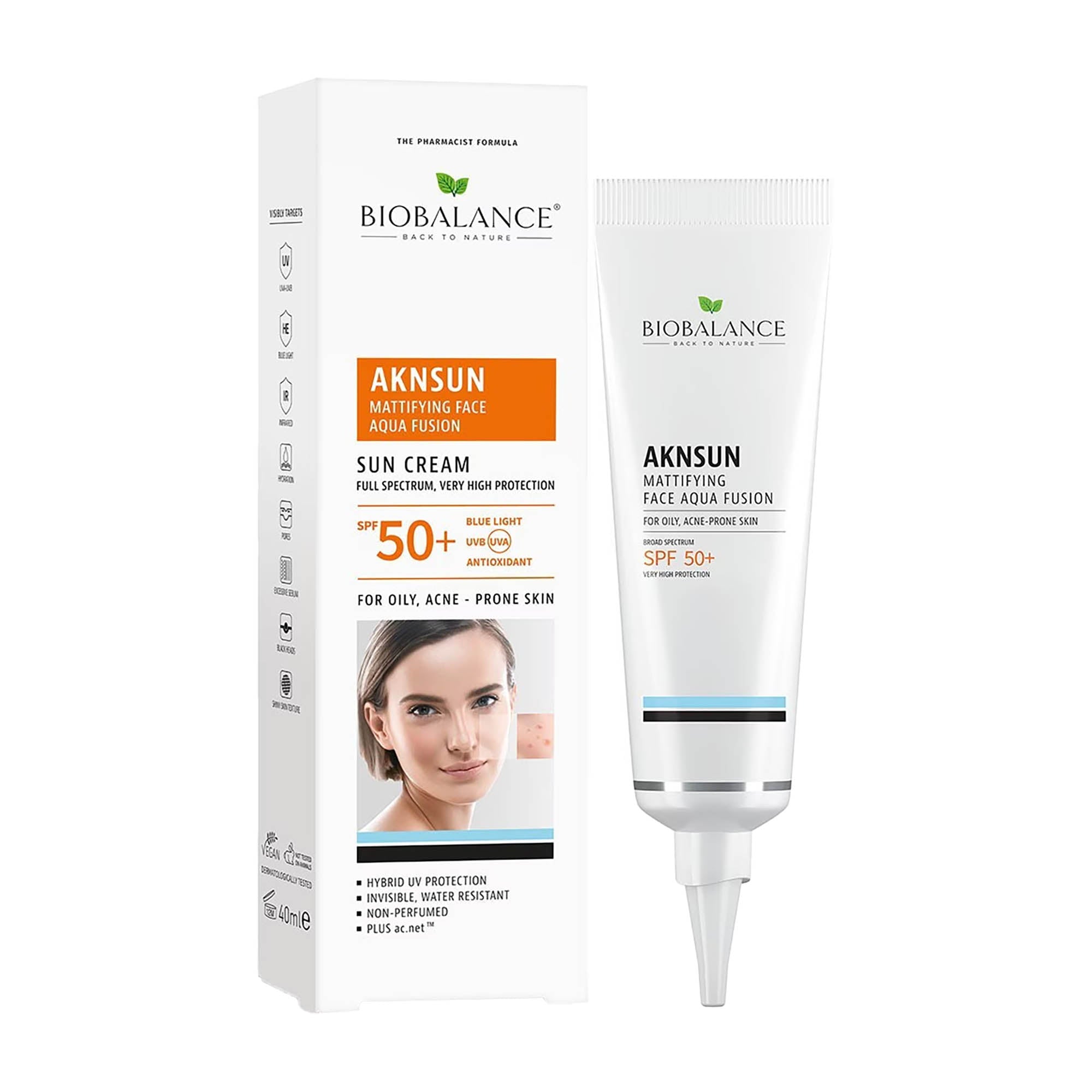 Biobalance Aknsun SPF 50+ Face Sun Cream packaging and tube on a white background