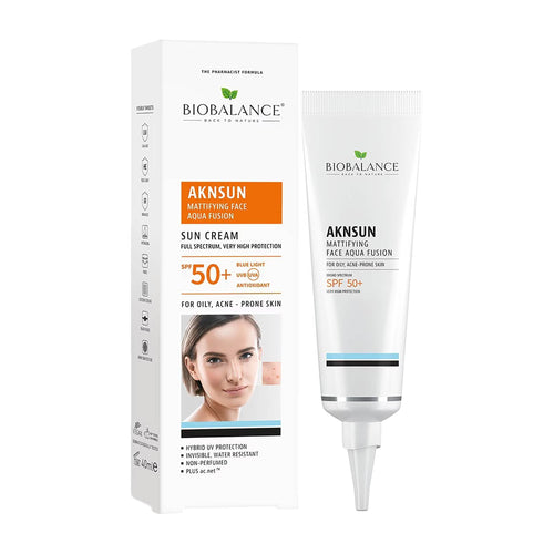 Biobalance Aknsun SPF 50+ Face Sun Cream packaging and tube on a white background