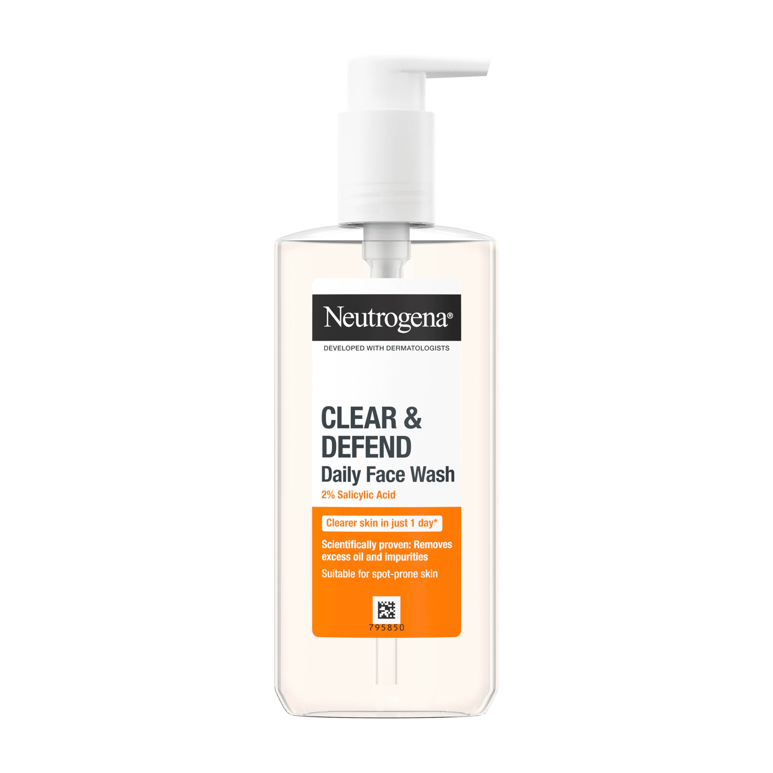 Neutrogena Clear & Defend Daily Face Wash bottle on a white background