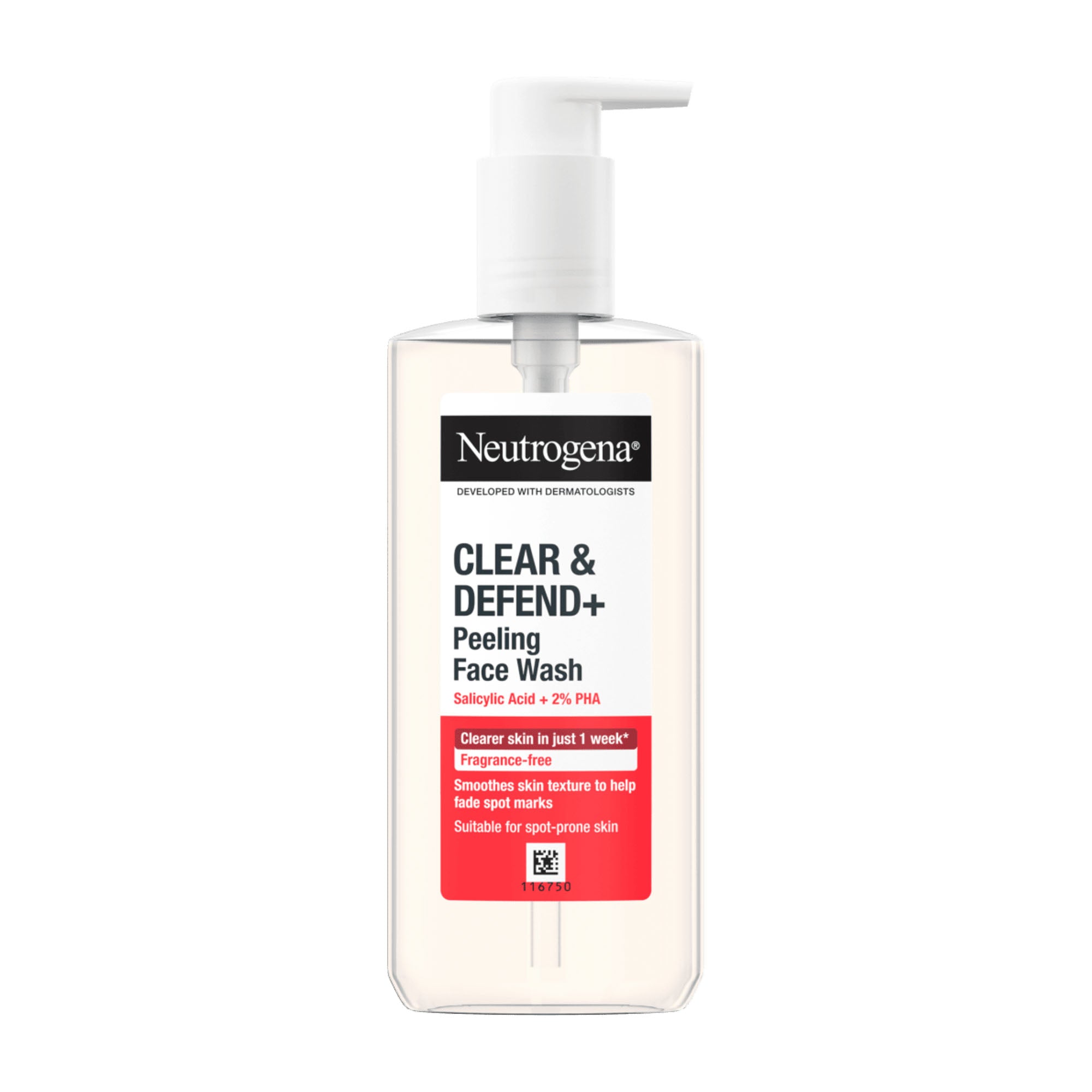 Neutrogena Clear & Defend+ salicylic acid + 2% pha peeling face wash in a white pump bottle.