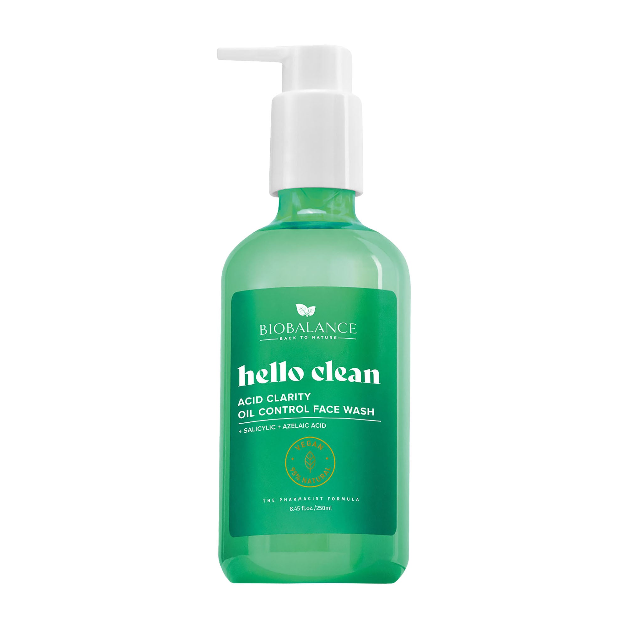 Green bottle of BioBalance hello clean face wash on a white background
