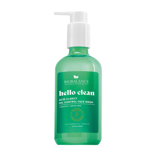 Green bottle of BioBalance hello clean face wash on a white background