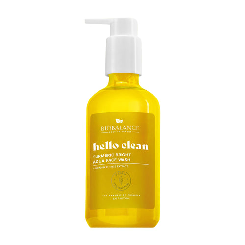 Yellow bottle of BioBalance hello clean Turmeric Bright Aqua Face Wash on a white background