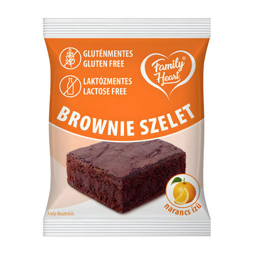 Packaging of gluten-free, lactose-free brownie slices with Family Heart brand logo.