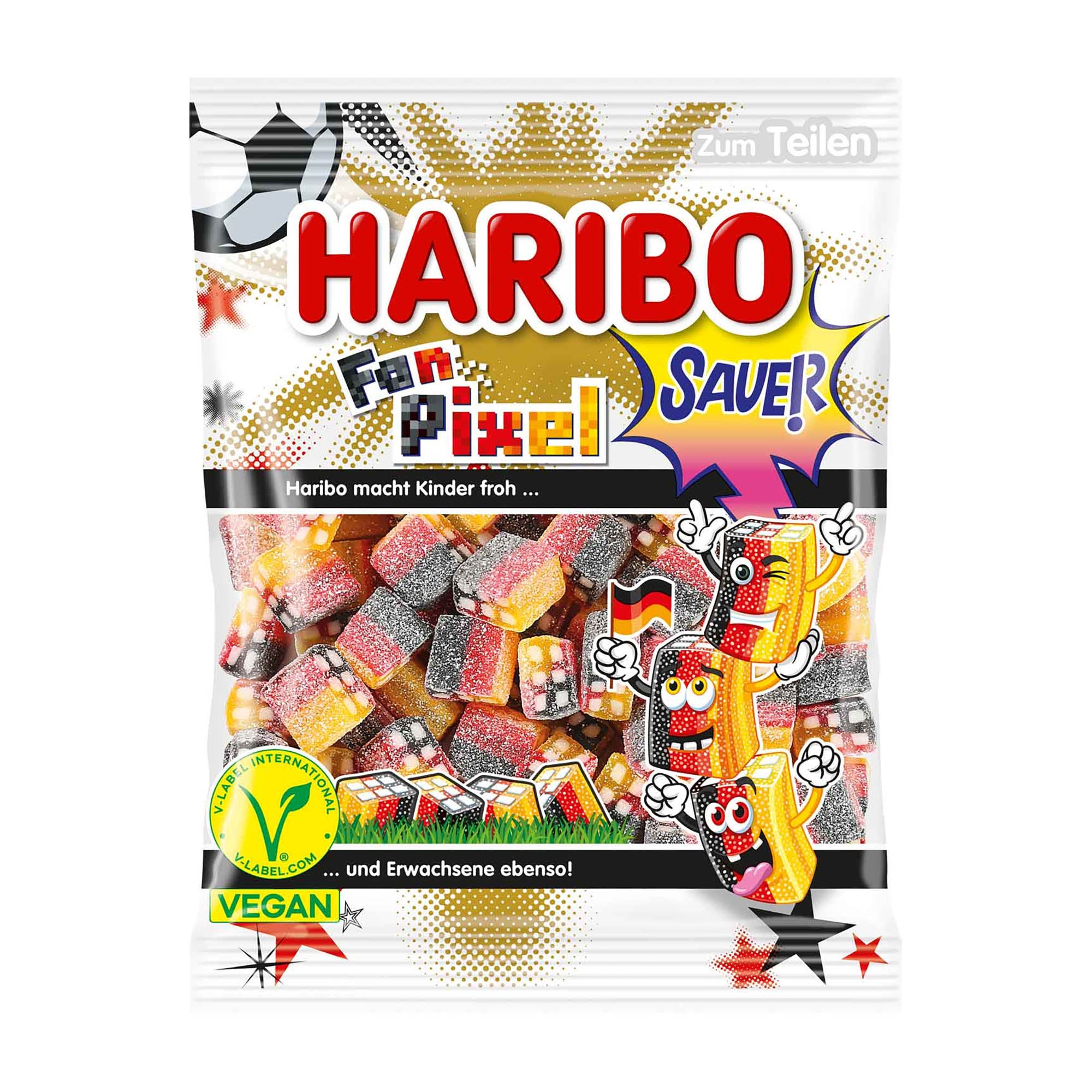 Haribo Fan Pixel Sour gummy candy package with colorful design and text