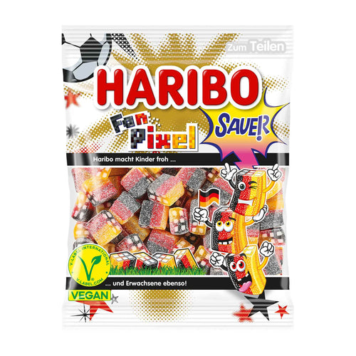 Haribo Fan Pixel Sour gummy candy package with colorful design and text