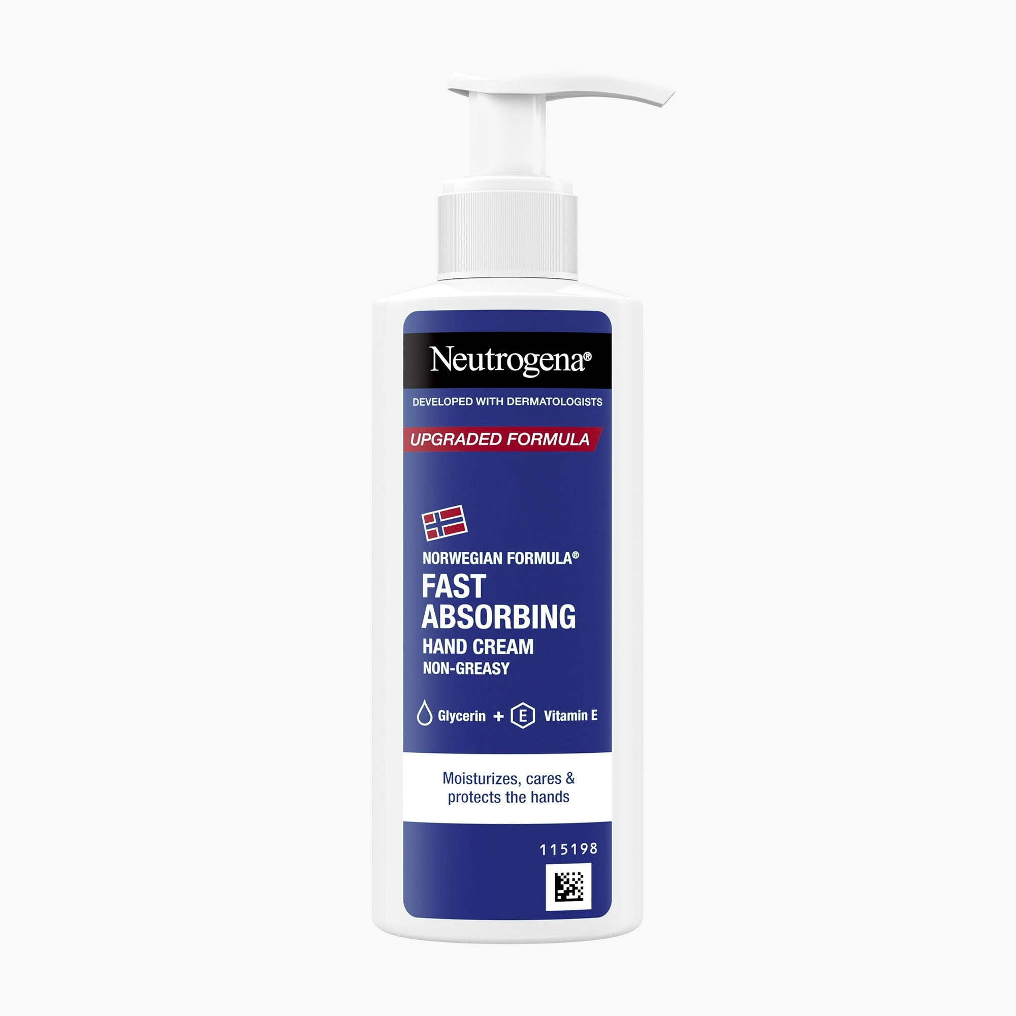 A white pump bottle of Neutrogena Fast Absorbing Hand Cream with a blue and white label, shown on a clean white background.
