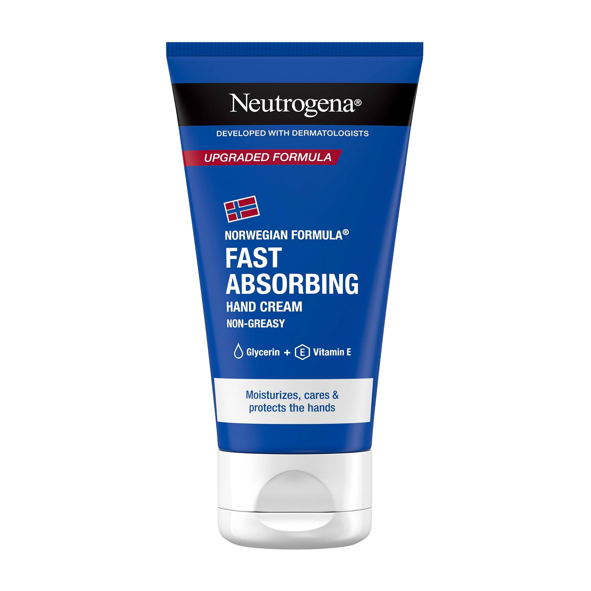 Tube of Neutrogena Fast Absorbing hand cream on a white background