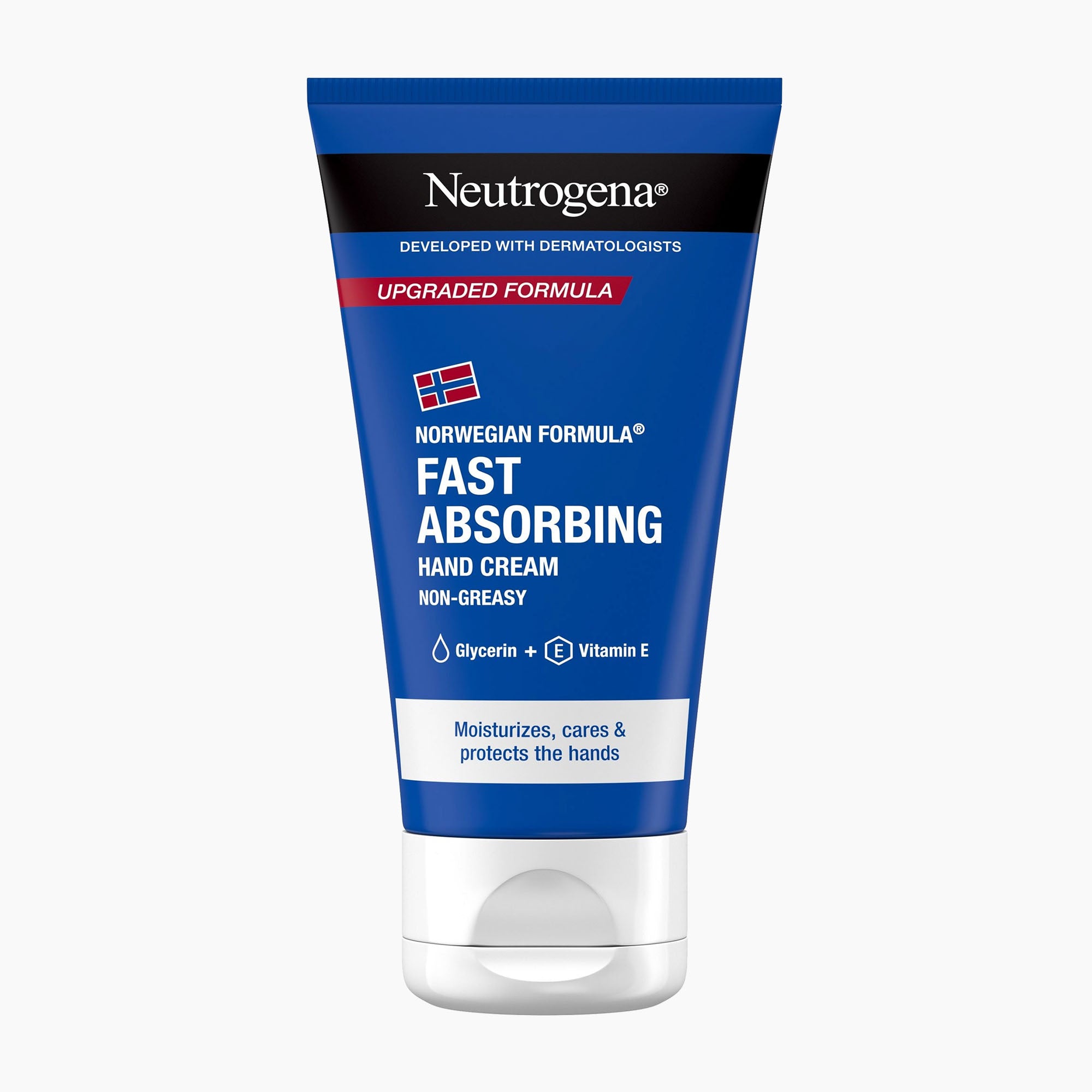 A tube of Neutrogena Fast Absorbing Hand Cream, featuring a blue and white design with a black top banner and a clear cap, set against a plain white background.