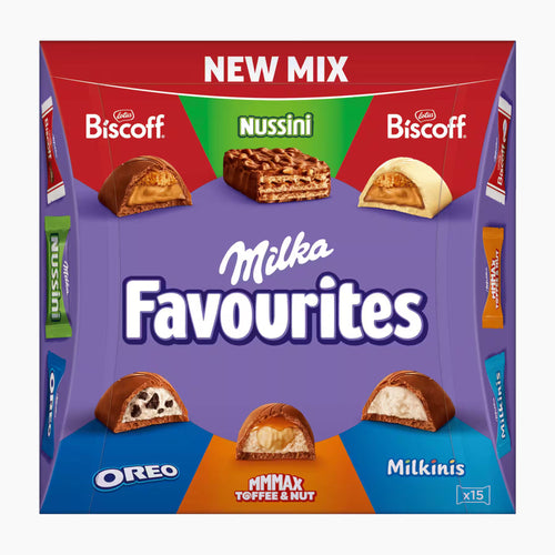 Milka Favourites New Mix Biscoff Pralines box on a light gray background.