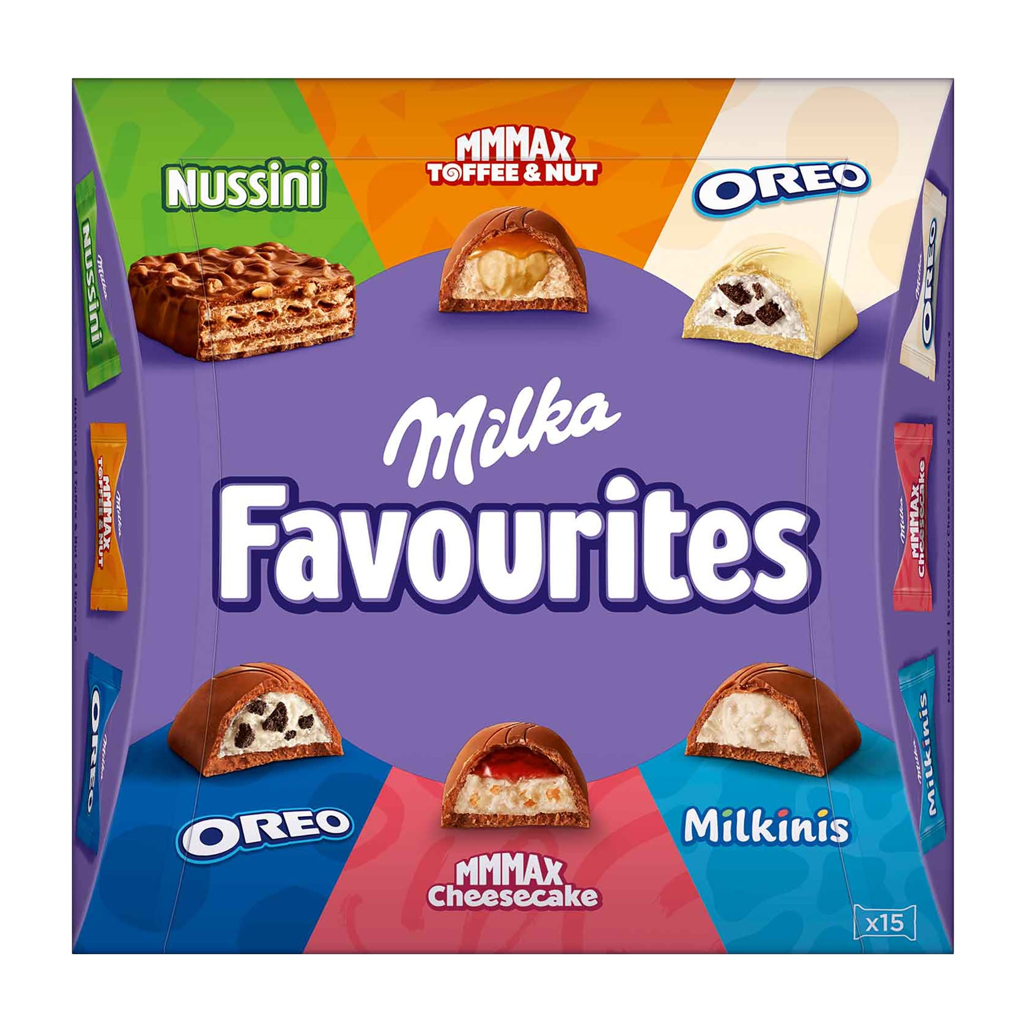 Box of Milka Favourites featuring Nussini, Oreo, and other brands on a colorful background.