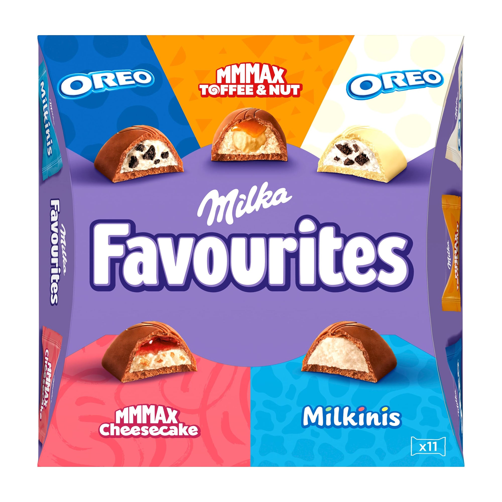 Milka Favourites chocolate packaging with Oreo and MMMAX branding on a white background
