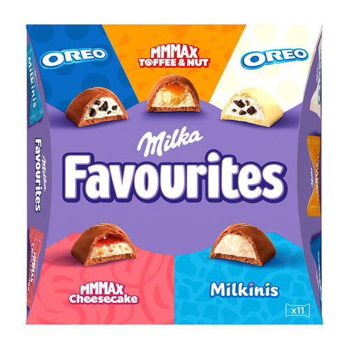 Milka Favourites chocolate packaging with Oreo and MMMAX branding on a white background