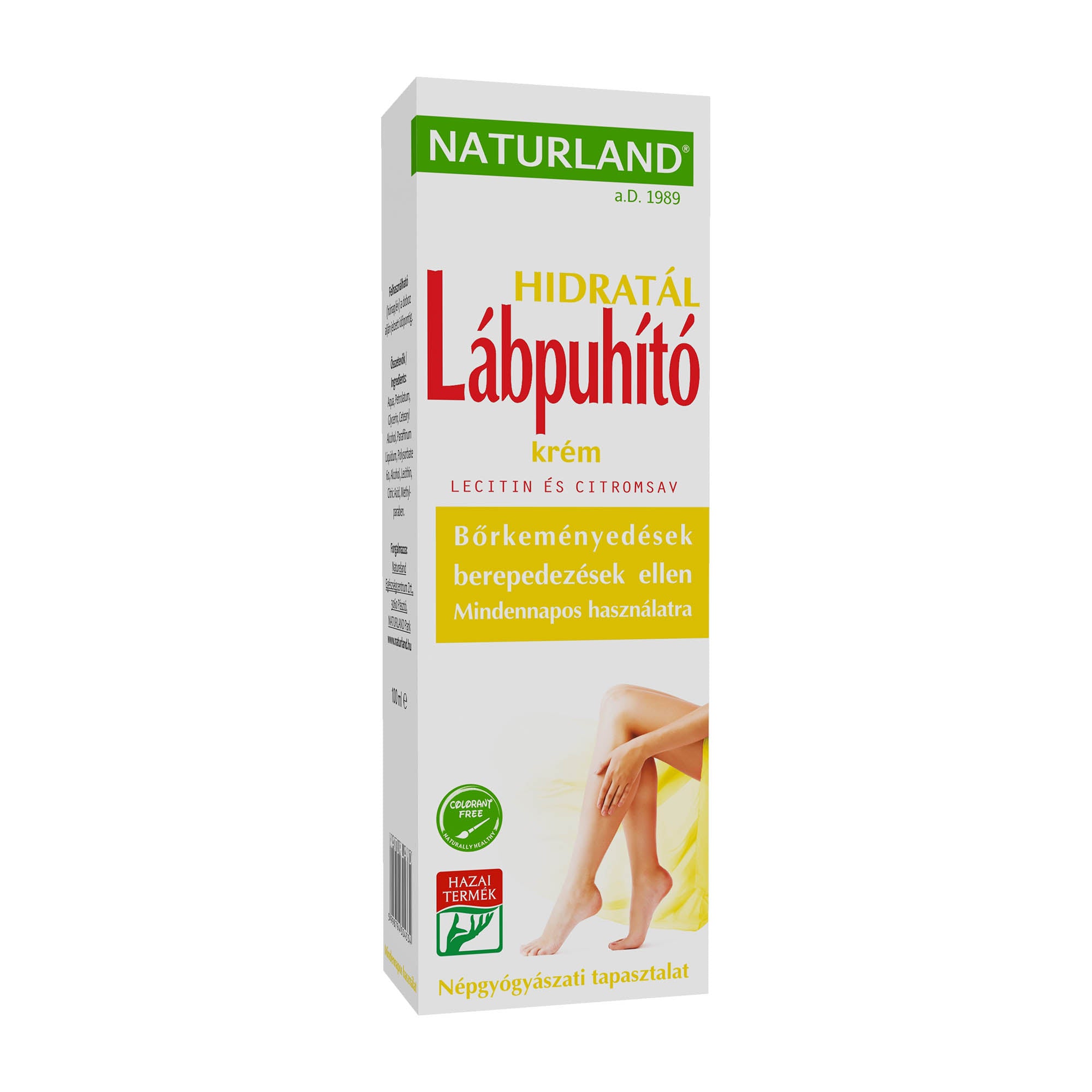Packaging of Naturland Hydrating foot softening cream, showing the product name and description, with an image of a person's leg and foot, and the brand's logo.