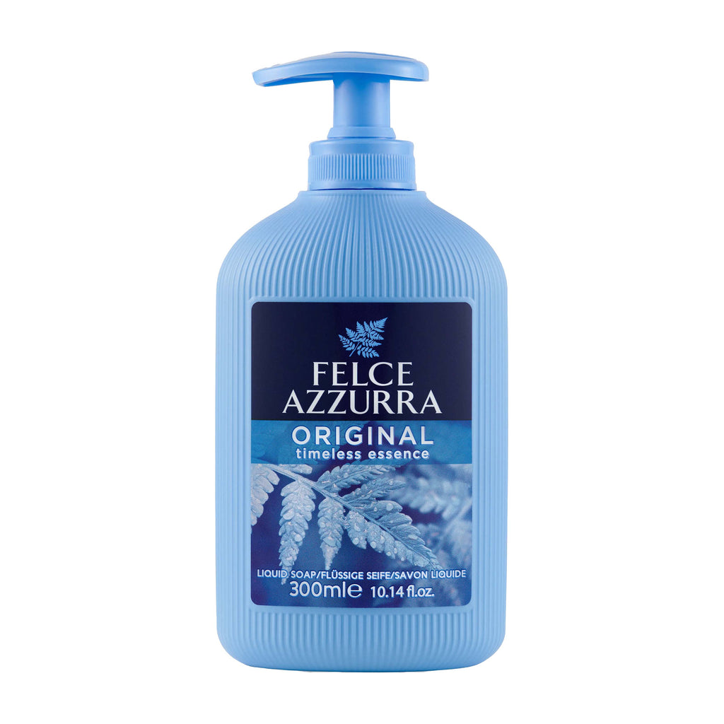 Blue bottle of Felce Azzurra Original liquid soap on a white background