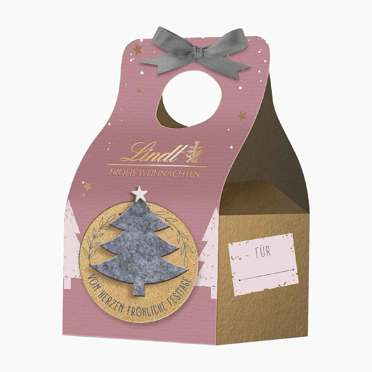 Lindt Felt Edition small gift box in dusty pink with a gray bow, gold foil details, and a felt Christmas tree ornament on the front, shown on a light gray background.