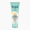 A tube of Fenjal Classic Hand Cream on a light gray background. The packaging is light teal with dark teal lettering for the brand name 'fenjal' and gold accents depicting oil droplets.