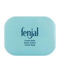 Creme soap with 'fenjal' branding with soap holder on a white background