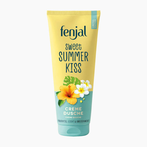 A squeeze tube of Fenjal Sweet Summer Kiss Shower Cream against a plain white background. The packaging features a pastel yellow upper half and a teal lower half with tropical flower illustrations.