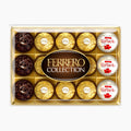 Ferrero Collection chocolate pralines box featuring three Ferrero Rondnoir pralines, nine gold-wrapped Ferrero Rocher pralines, and three white-wrapped Raffaello pralines, arranged in a gold tray with a central Ferrero Collection logo.