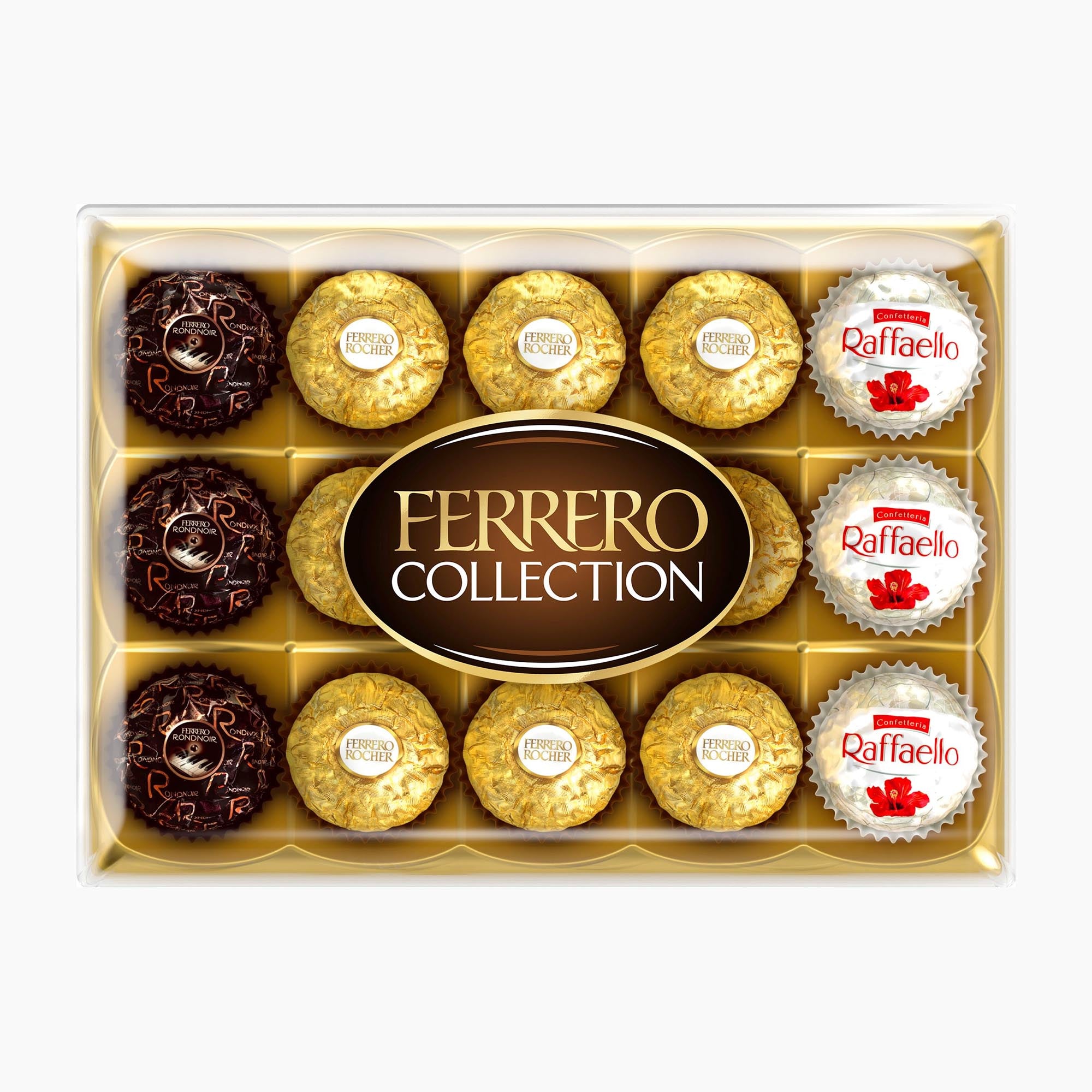 Ferrero Collection chocolate pralines box featuring three Ferrero Rondnoir pralines, nine gold-wrapped Ferrero Rocher pralines, and three white-wrapped Raffaello pralines, arranged in a gold tray with a central Ferrero Collection logo.