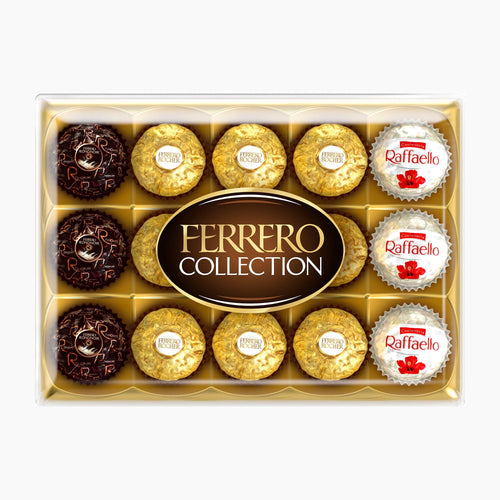 Ferrero Collection chocolate pralines box featuring three Ferrero Rondnoir pralines, nine gold-wrapped Ferrero Rocher pralines, and three white-wrapped Raffaello pralines, arranged in a gold tray with a central Ferrero Collection logo.