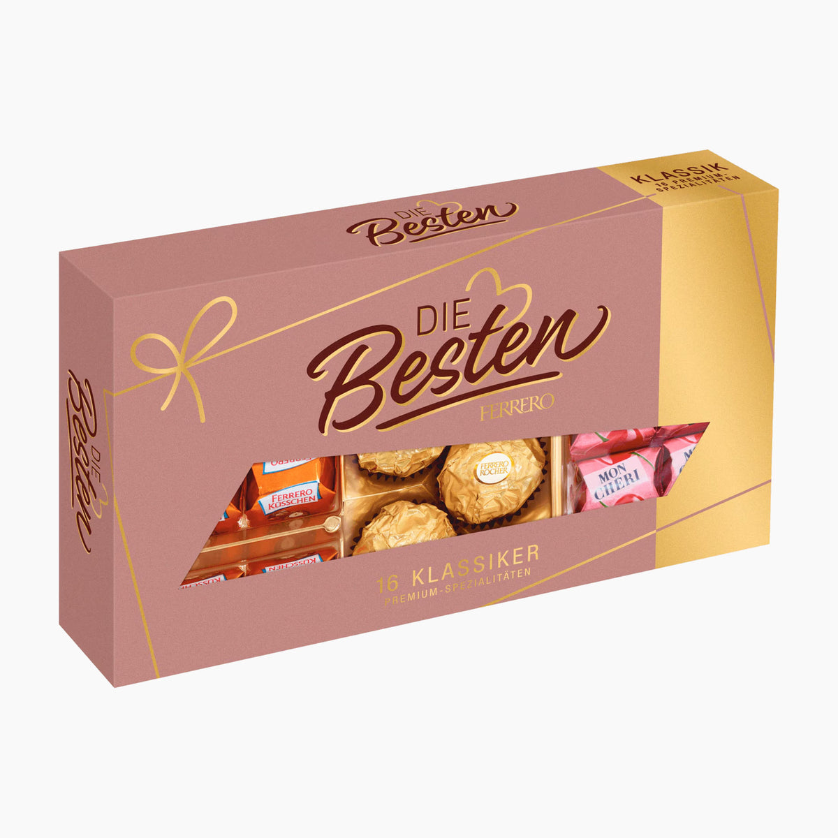 A Ferrero Die Besten Klassiker Classic chocolate pralines box in dusty pink and gold packaging, featuring a clear window that displays several Ferrero Rocher, Mon Cheri and Ferrero Kusschen chocolates inside, set against a plain white background.