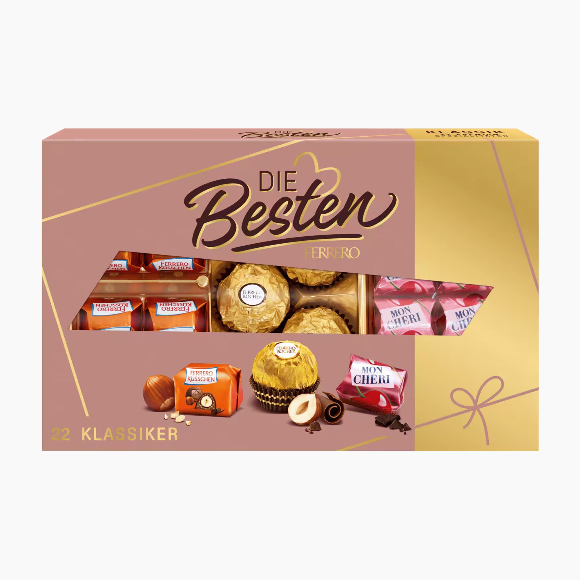 A box of Ferrero Die Besten 22 Klassiker Classic chocolate pralines, featuring a dusty pink and gold packaging design with a clear window showing the assorted chocolates inside.
