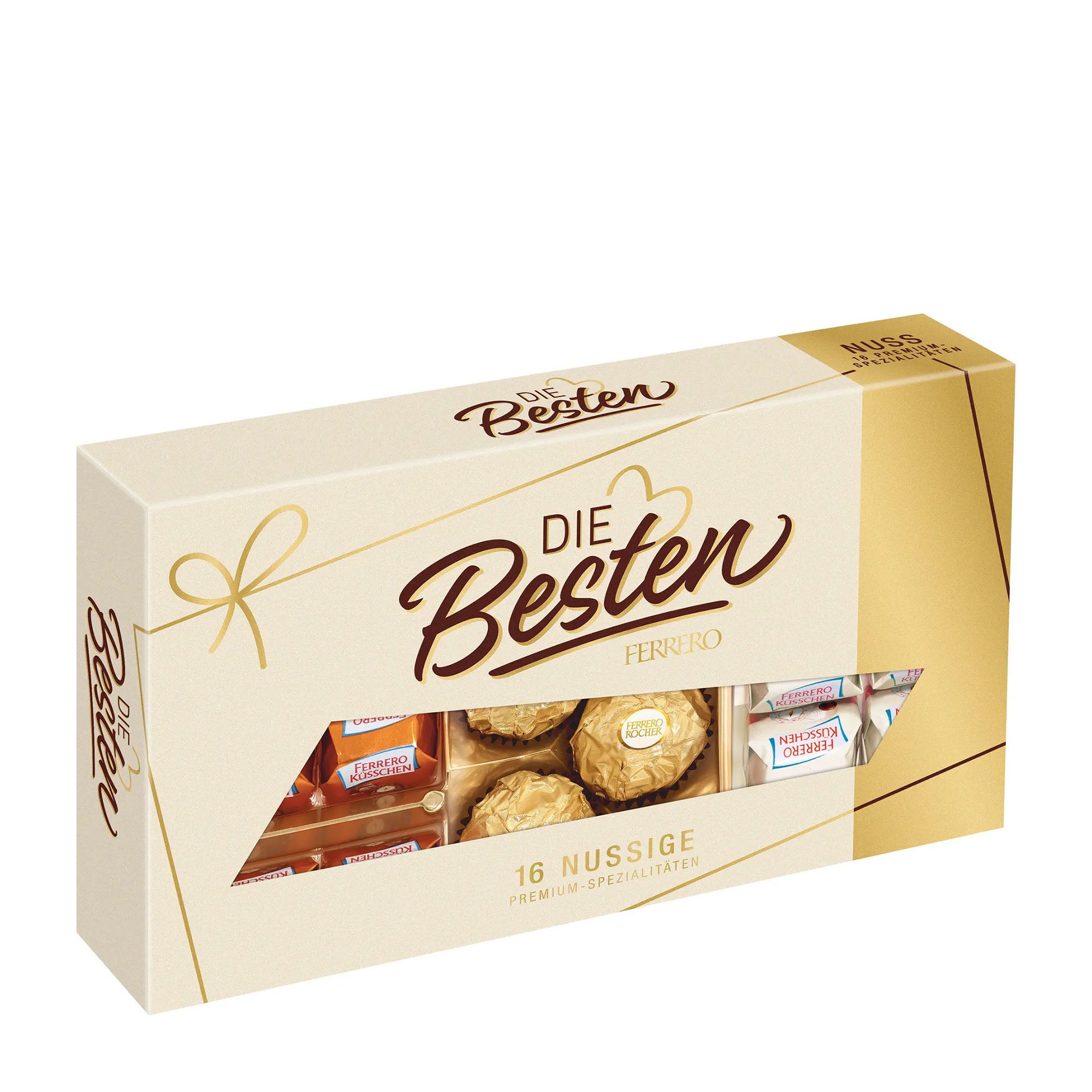 Box of Ferrero Die Besten pralines with visible contents on a white background