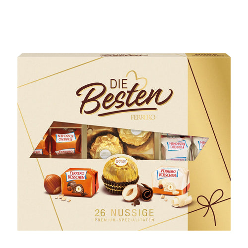 Ferrero Rocher Die Besten Nut Edition pralines box with visible Ferrero branding on a white background