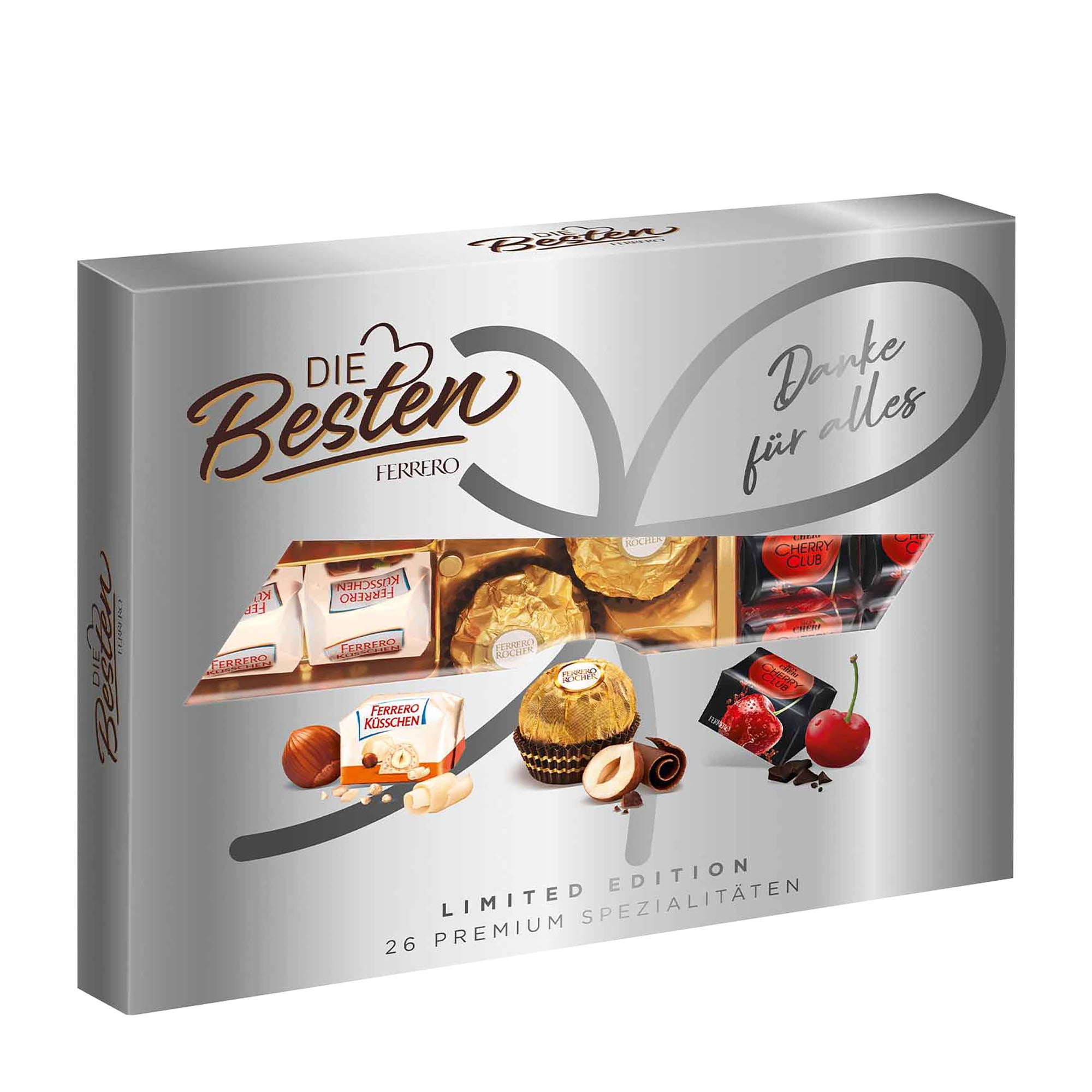 Ferrero Die Besten Silver Edition pralines packaging with images of chocolates on a white background