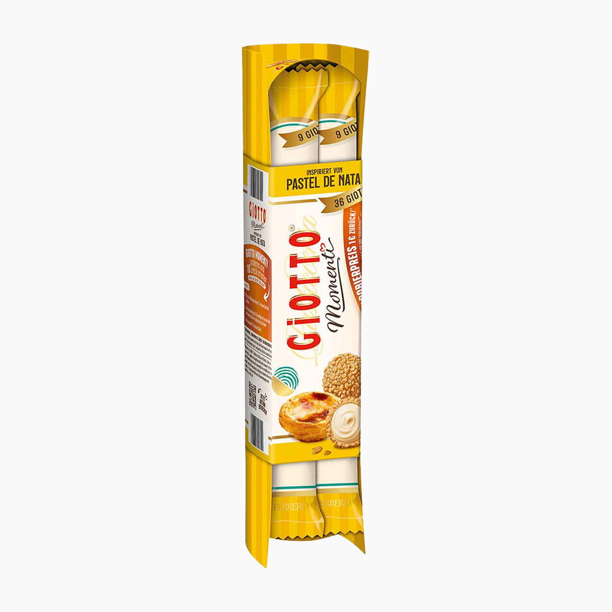 A package of Giotto Momenti Pastel de Nata pralines, shown in its yellow and white cardboard sleeve with illustrations of a pastry and cream.