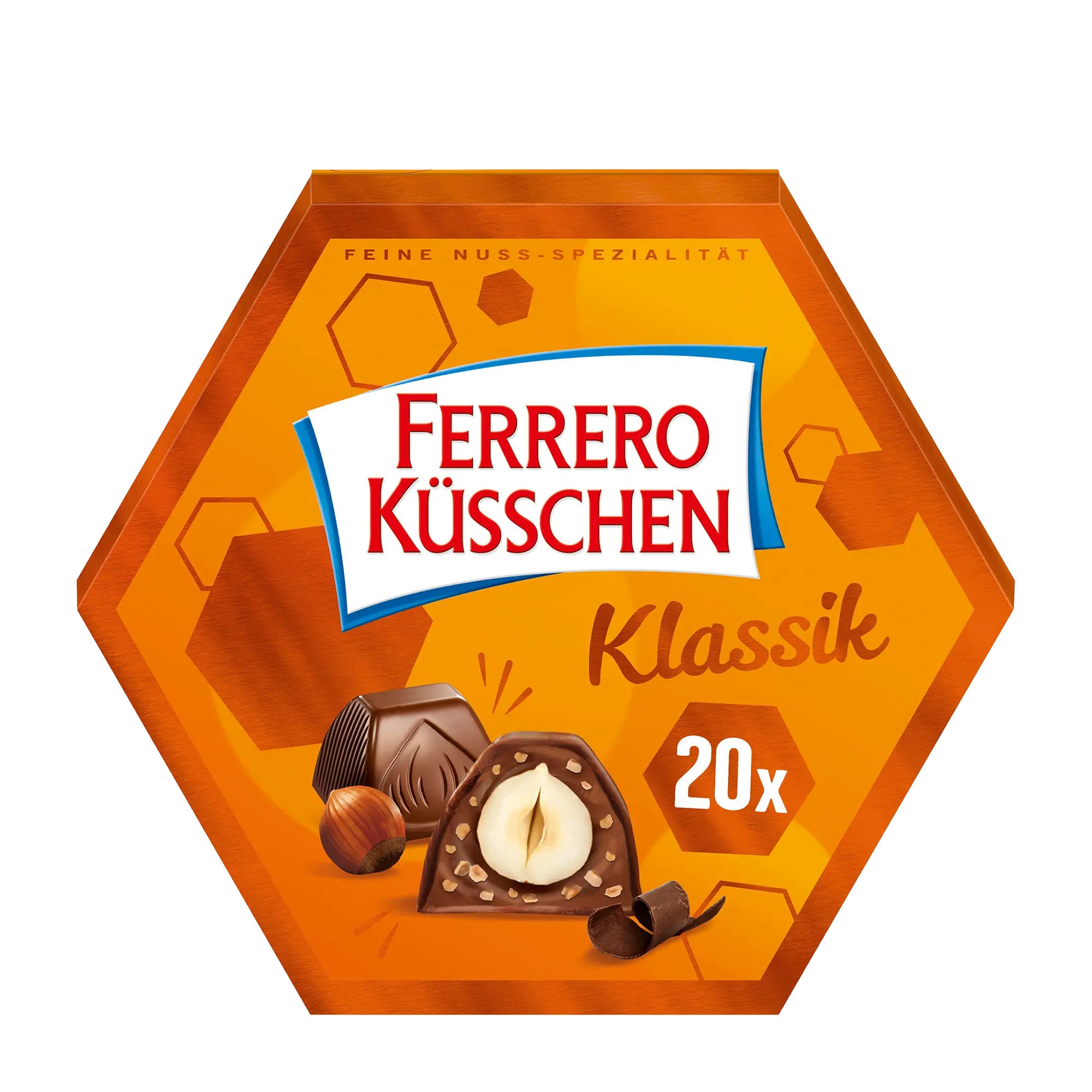 Ferrero Küsschen Classic pralines box with hexagonal design on a white background