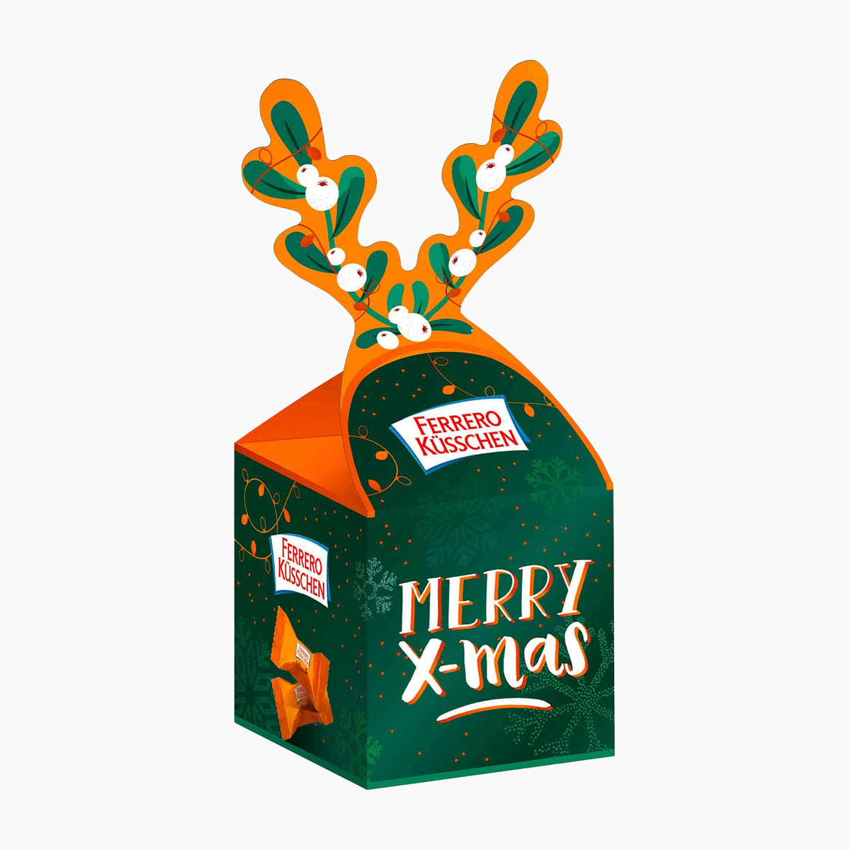 A festive Ferrero Küsschen Reindeer gift box with a green Christmas design, white 'Merry X-mas' text, and orange antler handles decorated with green leaves and white berries, shown on a plain white background.