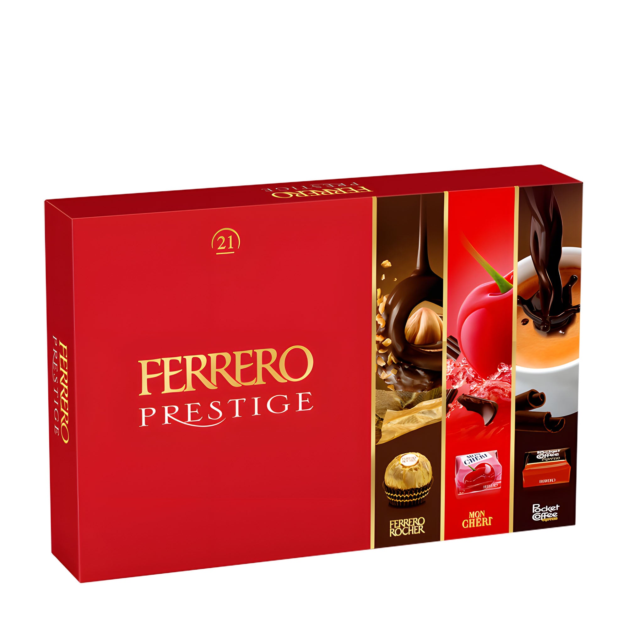 Ferrero Prestige pralines box with red cover and images of chocolates on a white background