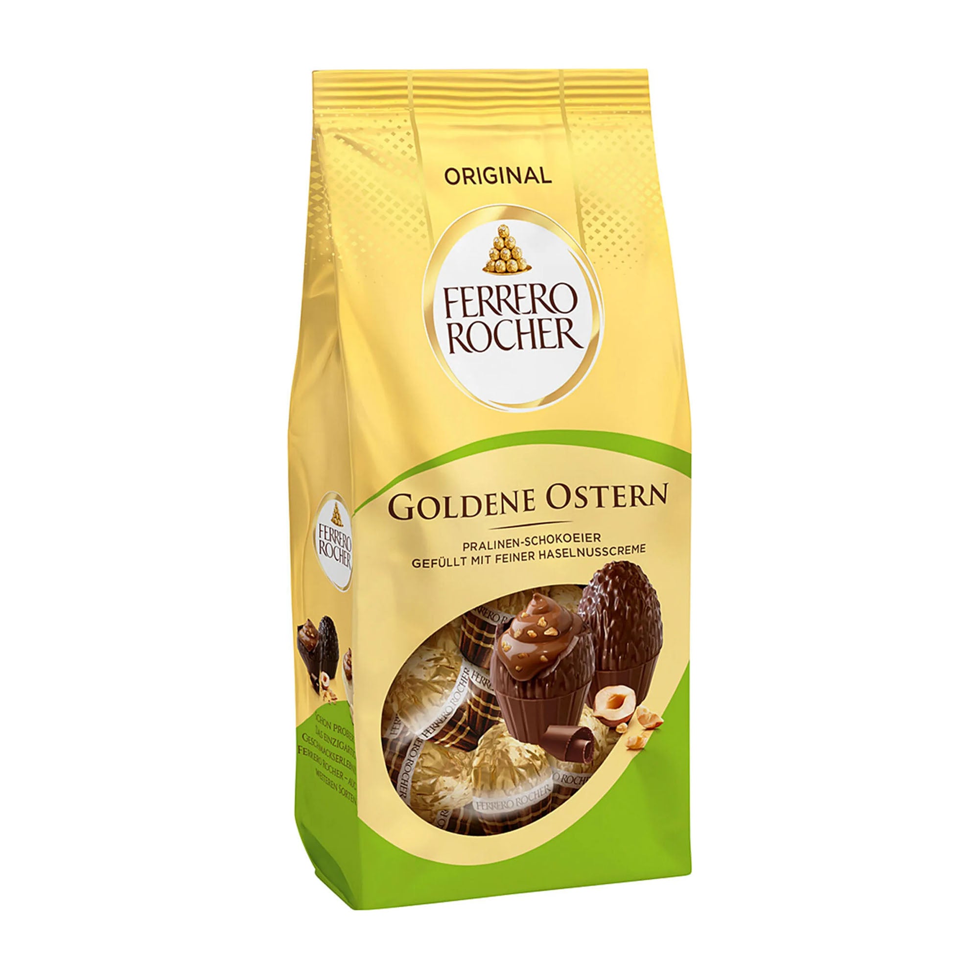 Packaging of Ferrero Rocher Golden Easter original pralines, 90g, showing the product name and hazelnut cocoa cream filling.