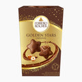 A box of Ferrero Rocher Golden Stars Original chocolates, featuring a gold and dark brown design with illustrations of the star-shaped chocolates and hazelnuts on a light gray background.