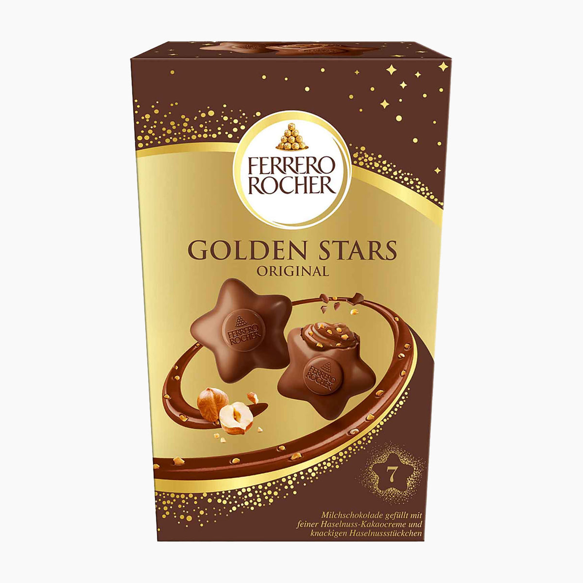 A box of Ferrero Rocher Golden Stars Original chocolates, featuring a gold and dark brown design with illustrations of the star-shaped chocolates and hazelnuts on a light gray background.