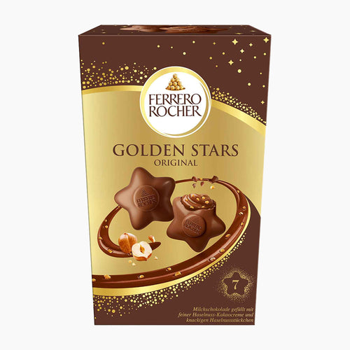 A box of Ferrero Rocher Golden Stars Original chocolates, featuring a gold and dark brown design with illustrations of the star-shaped chocolates and hazelnuts on a light gray background.
