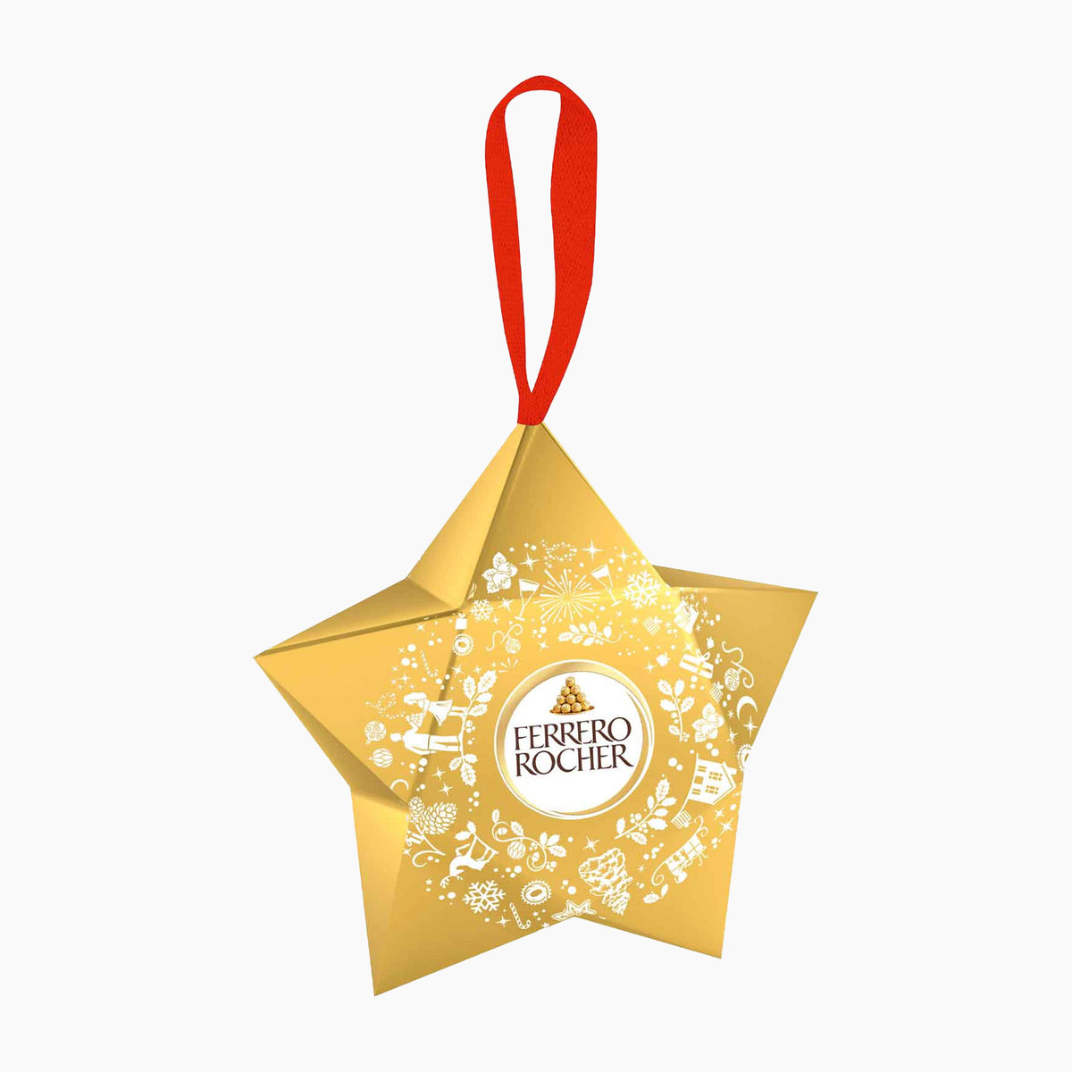 A gold star-shaped Ferrero Rocher gift ornament with a red hanging ribbon and white decorative illustrations, centered on a plain white background.